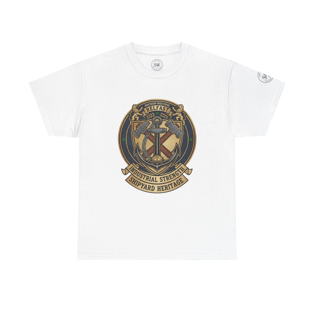 White Belfast Shipyard Heritage T-shirt by S&amp;W Gallus, featuring a crest design with crossed hammers and an anchor.