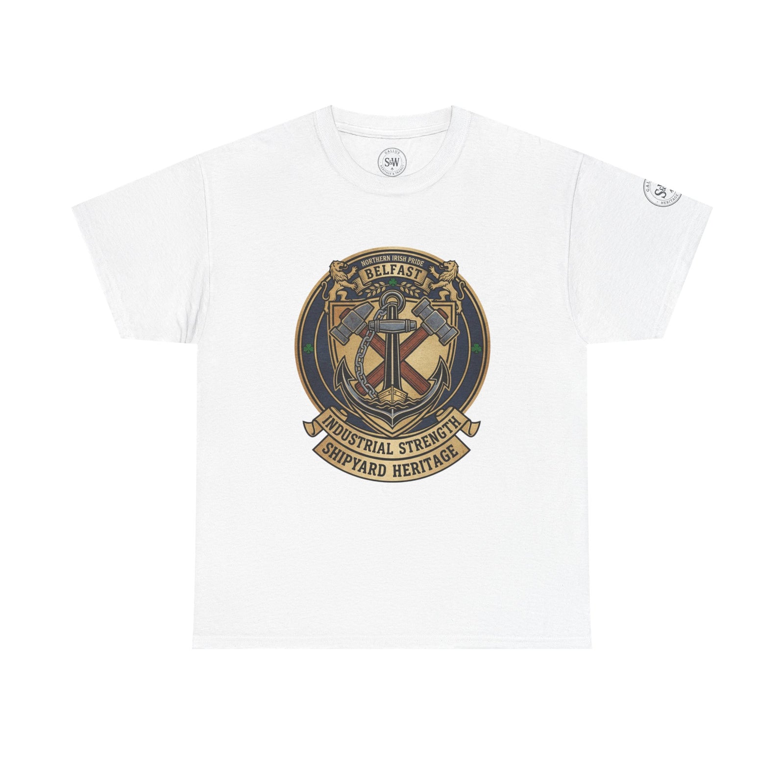 White Belfast Shipyard Heritage T-shirt by S&W Gallus, featuring a crest design with crossed hammers and an anchor.