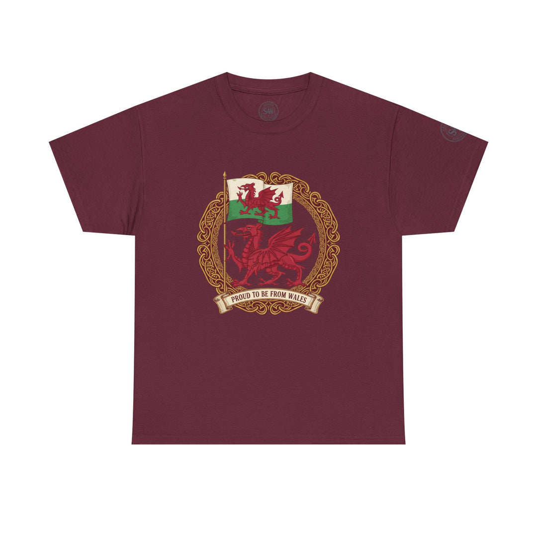 Burgundy t-shirt by S&amp;W Gallus featuring a Welsh flag and dragon crest graphic with a "Proud to be from Wales" banner.