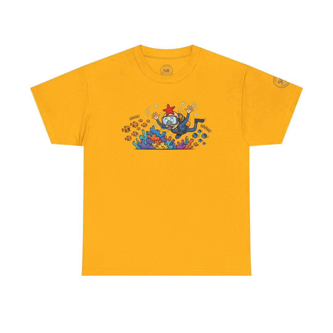 Yellow tee shirt by S&amp;W Gallus featuring a diver and coral reef cartoon graphic on the front.