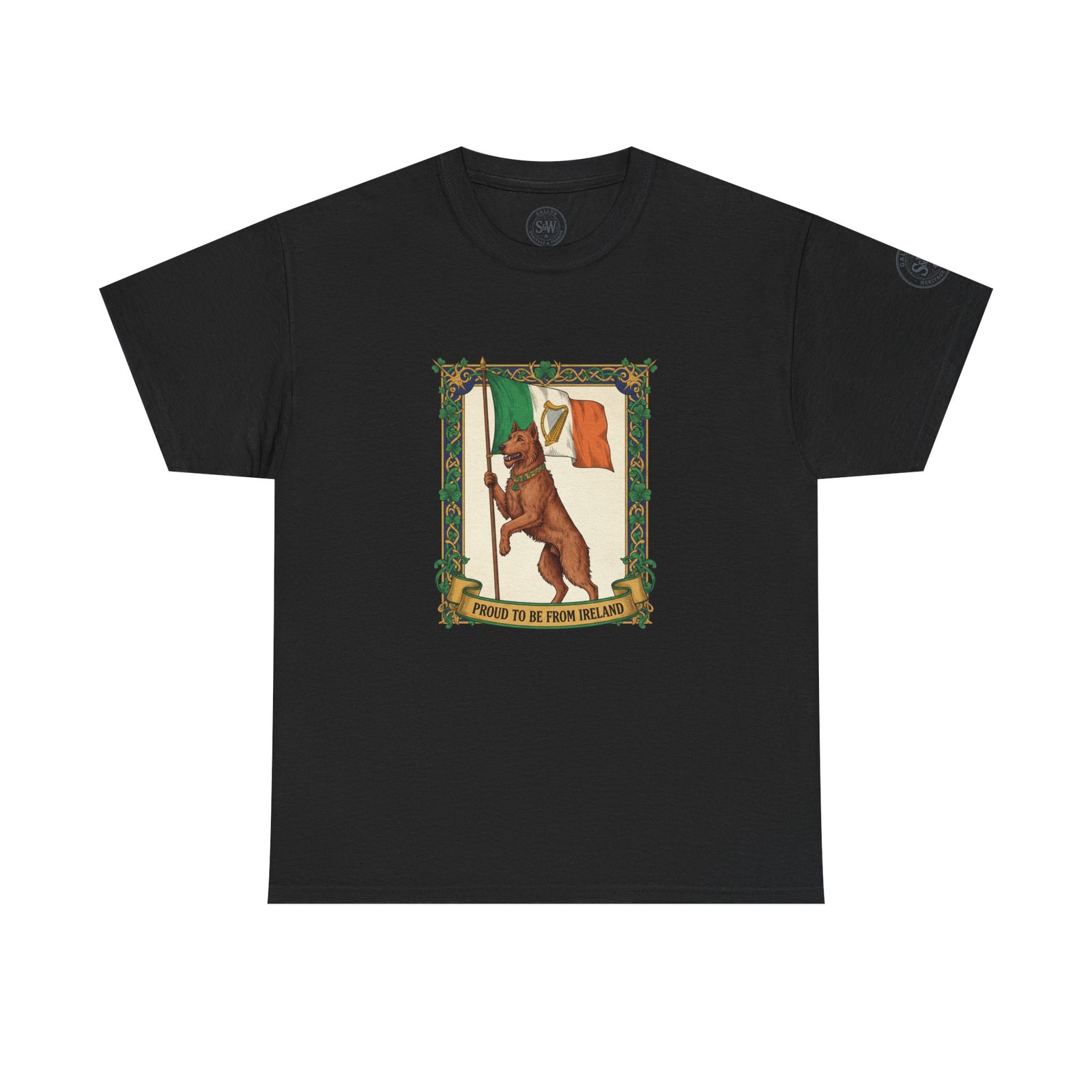 Black t-shirt by S&W Gallus with a graphic of a dog and Irish flag, plus "Proud to Be From Ireland" text.