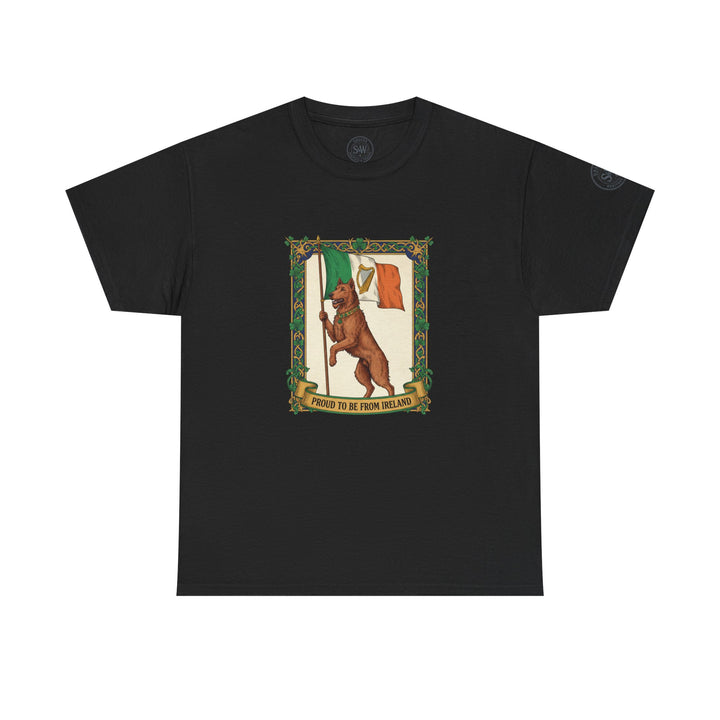 Black t-shirt by S&amp;W Gallus with a graphic of a dog and Irish flag, plus "Proud to Be From Ireland" text.