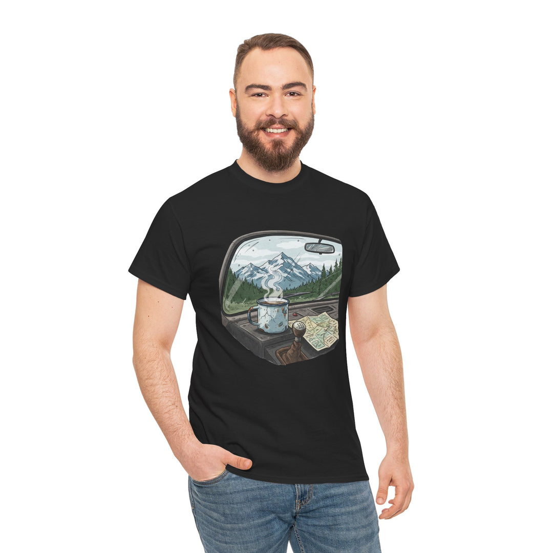 Van Roadtrip View T-Shirt featuring a scenic travel-inspired design. Soft cotton comfort perfect for van life, road trips, and outdoor adventures.