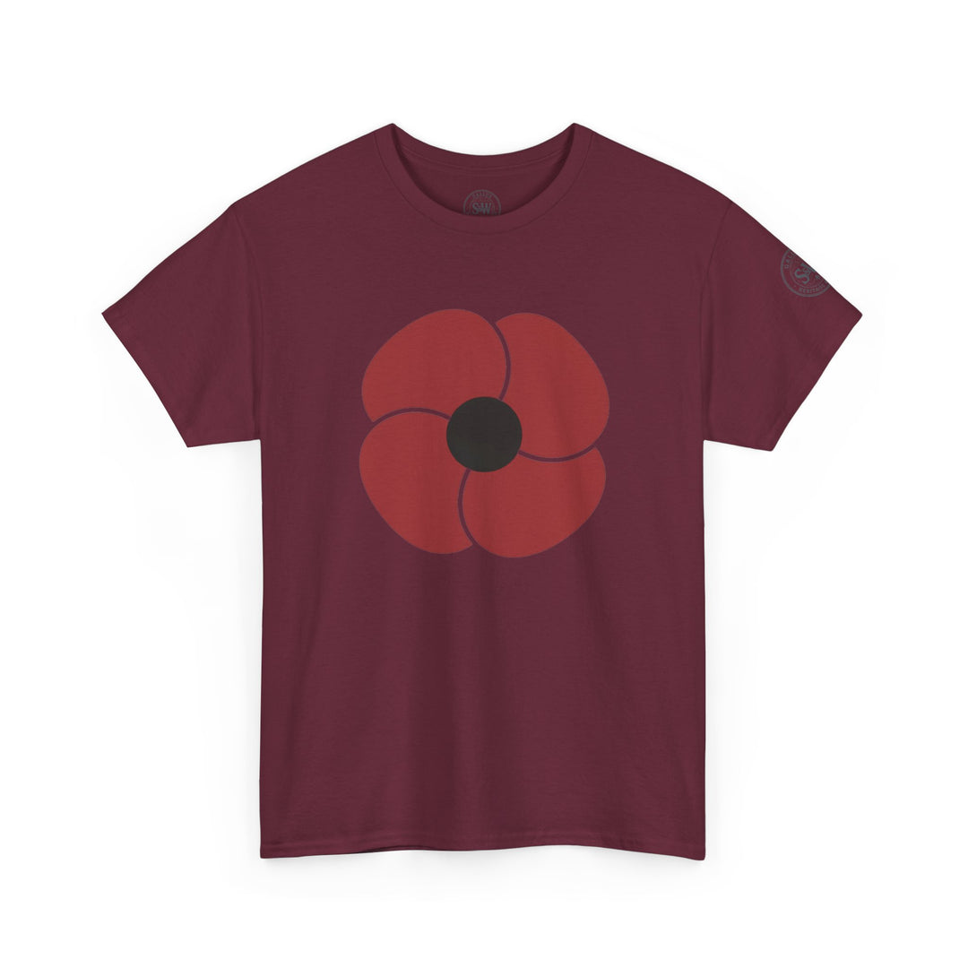 Burgundy t-shirt by S&amp;W Gallus featuring a red poppy with a black center on the front.