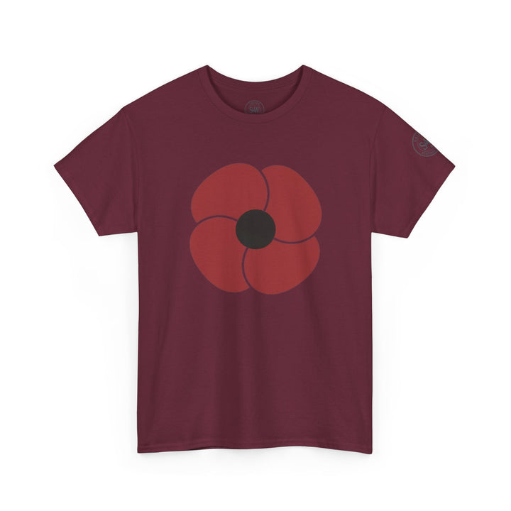 Burgundy t-shirt by S&amp;W Gallus featuring a red poppy with a black center on the front.