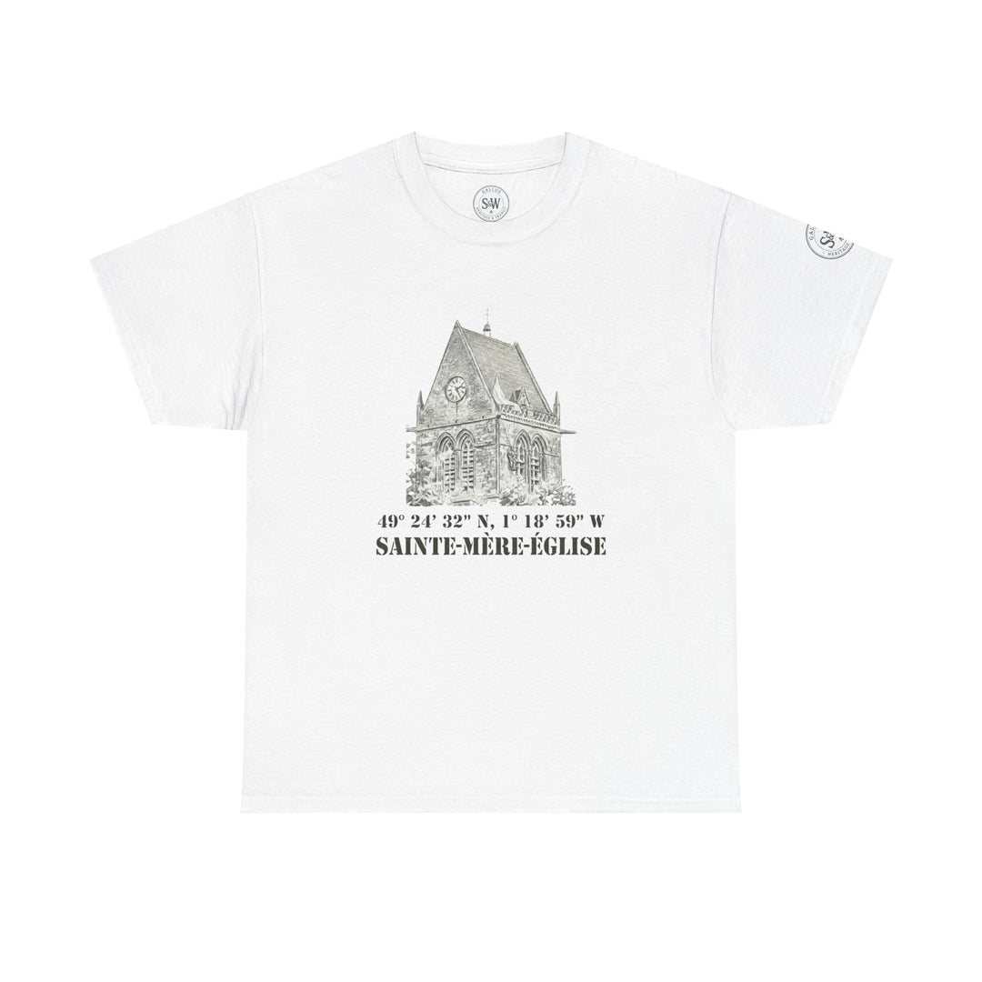 White Sainte-Mère-Église 1944 vintage church t-shirt by Veteran owned, featuring a drawing of a church and coordinates.