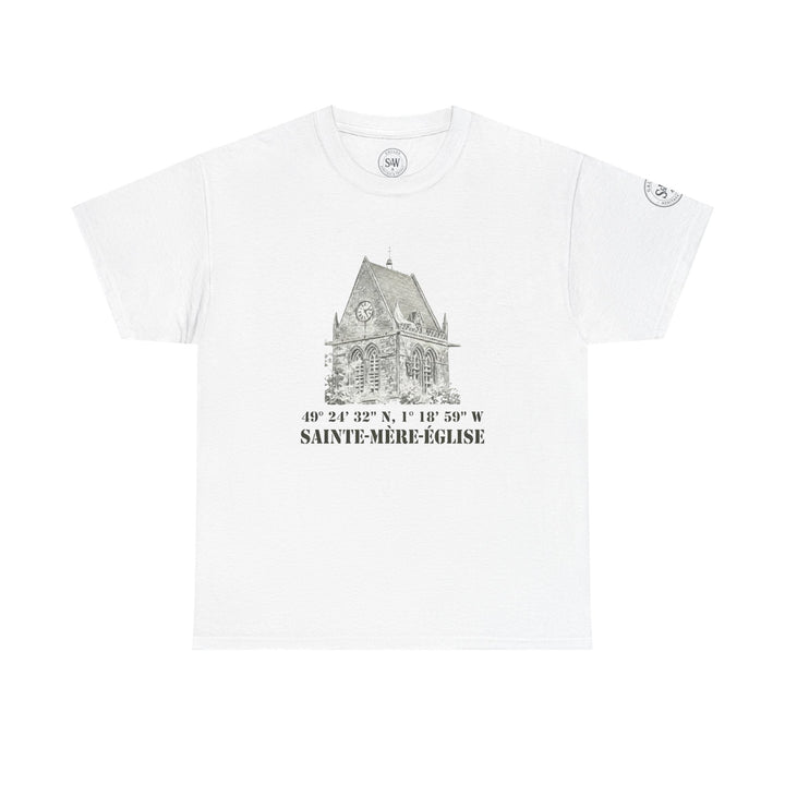 White Sainte-Mère-Église 1944 vintage church t-shirt by Veteran owned, featuring a drawing of a church and coordinates.