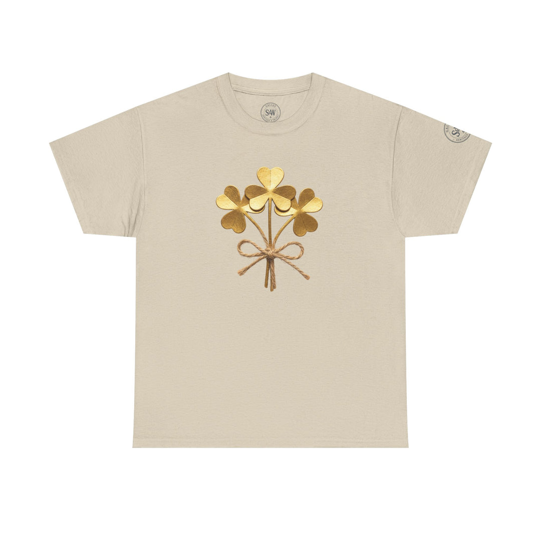 Beige t-shirt by S&amp;W Gallus featuring a golden shamrock bouquet tied with a brown string.