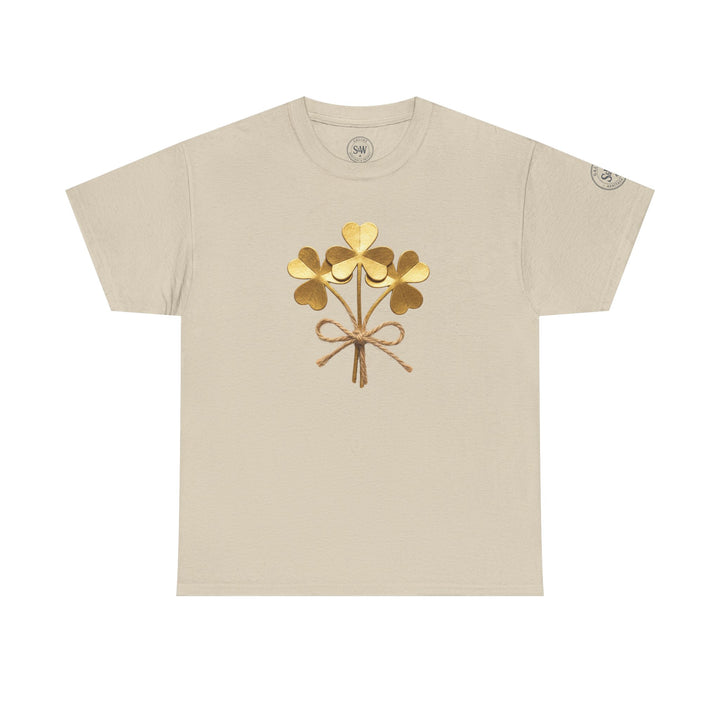 Beige t-shirt by S&amp;W Gallus featuring a golden shamrock bouquet tied with a brown string.