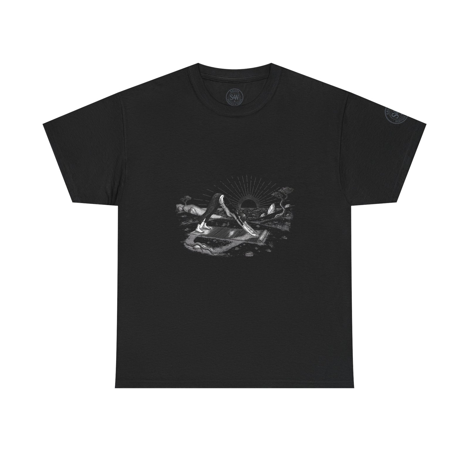 Black graphic t-shirt by S&W Gallus, featuring a yoga pose with a sunset and beach illustration.