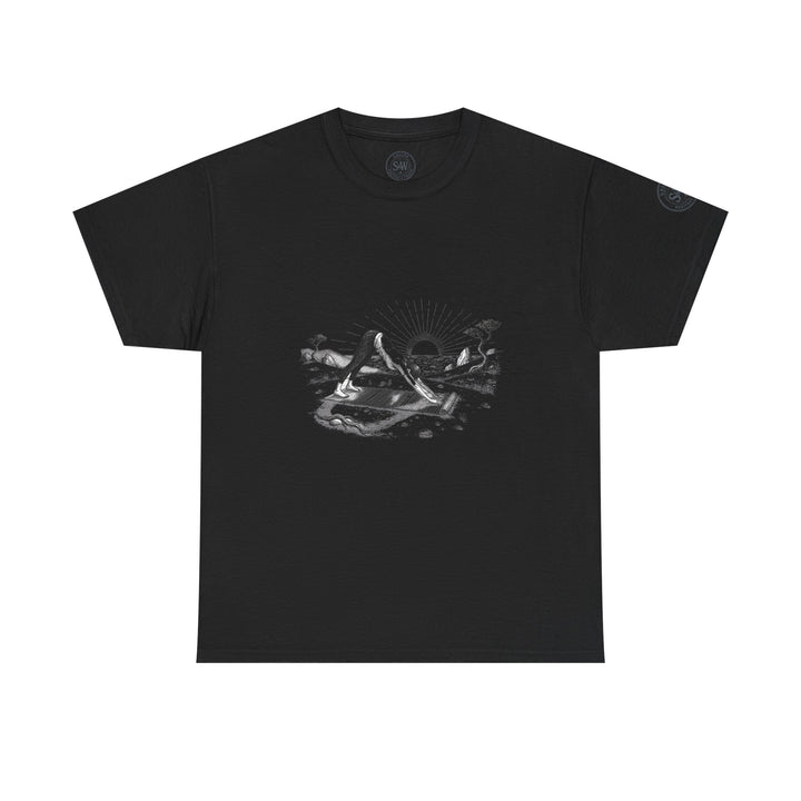 Black graphic t-shirt by S&amp;W Gallus, featuring a yoga pose with a sunset and beach illustration.