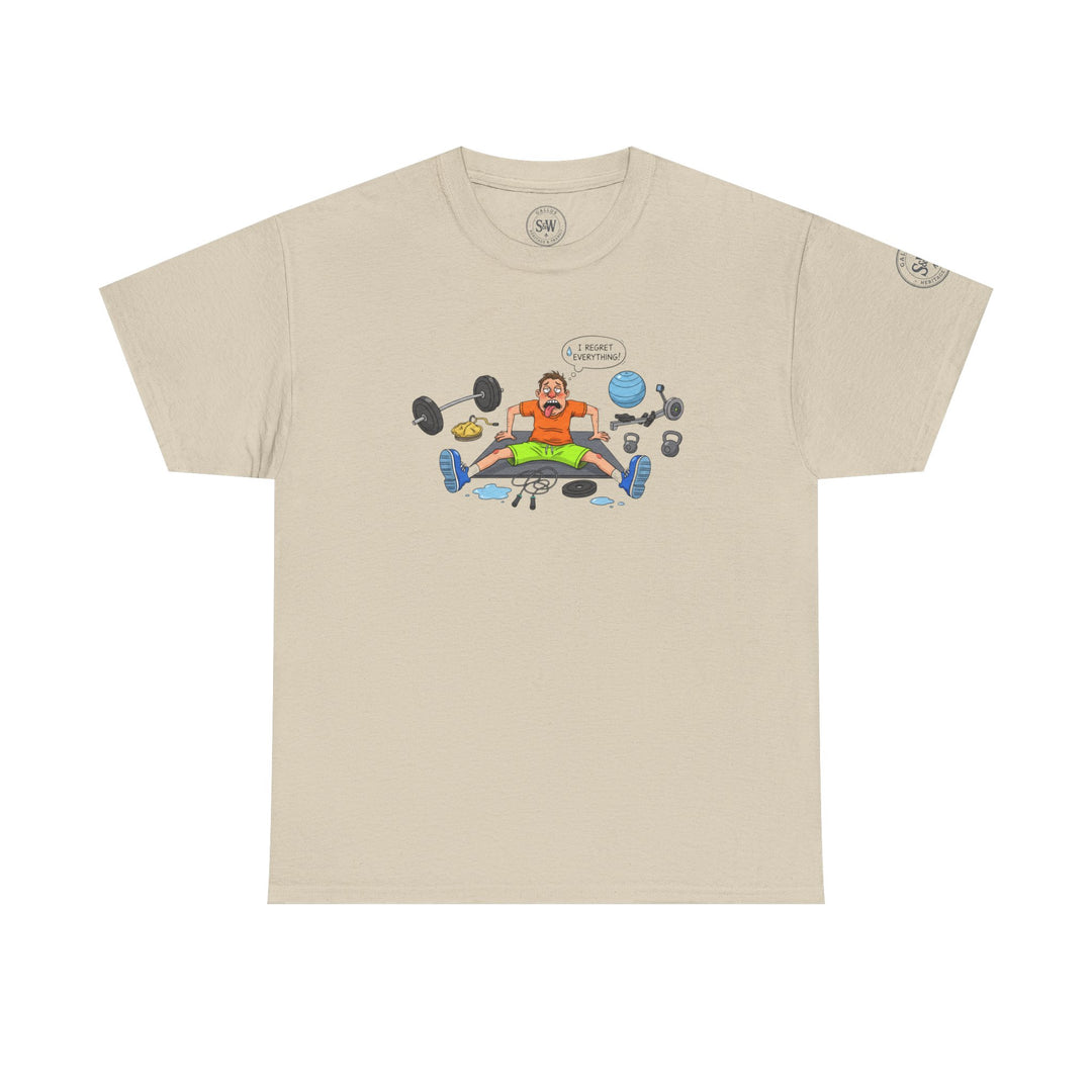 Tan t-shirt with a cartoon graphic by S&amp;W Gallus, featuring a person surrounded by gym equipment.