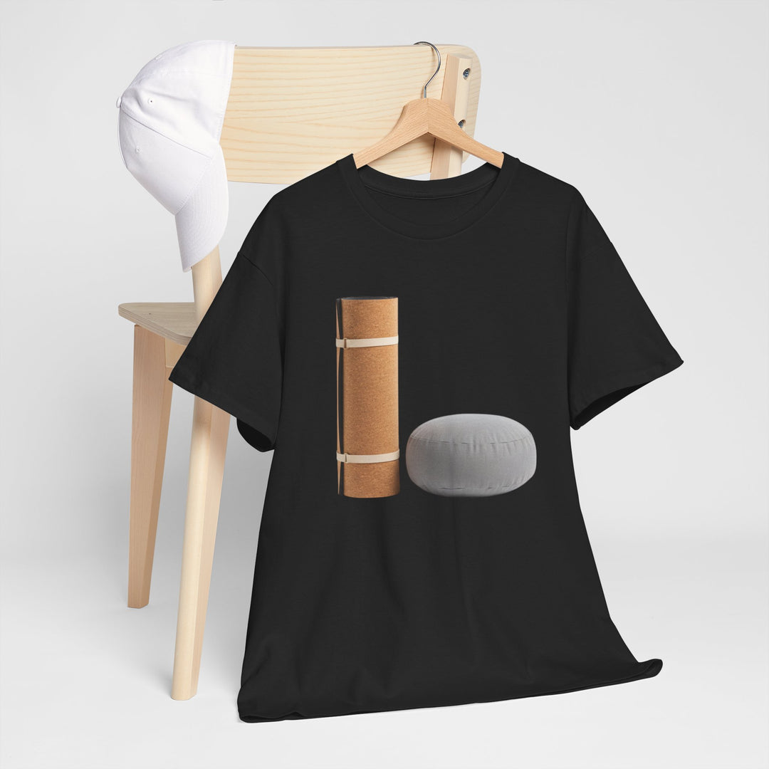 Mat &amp; Meditation Cushion Tee – soft, breathable cotton featuring a yoga-inspired design. Perfect for meditation, studio practice, or mindful everyday wear.