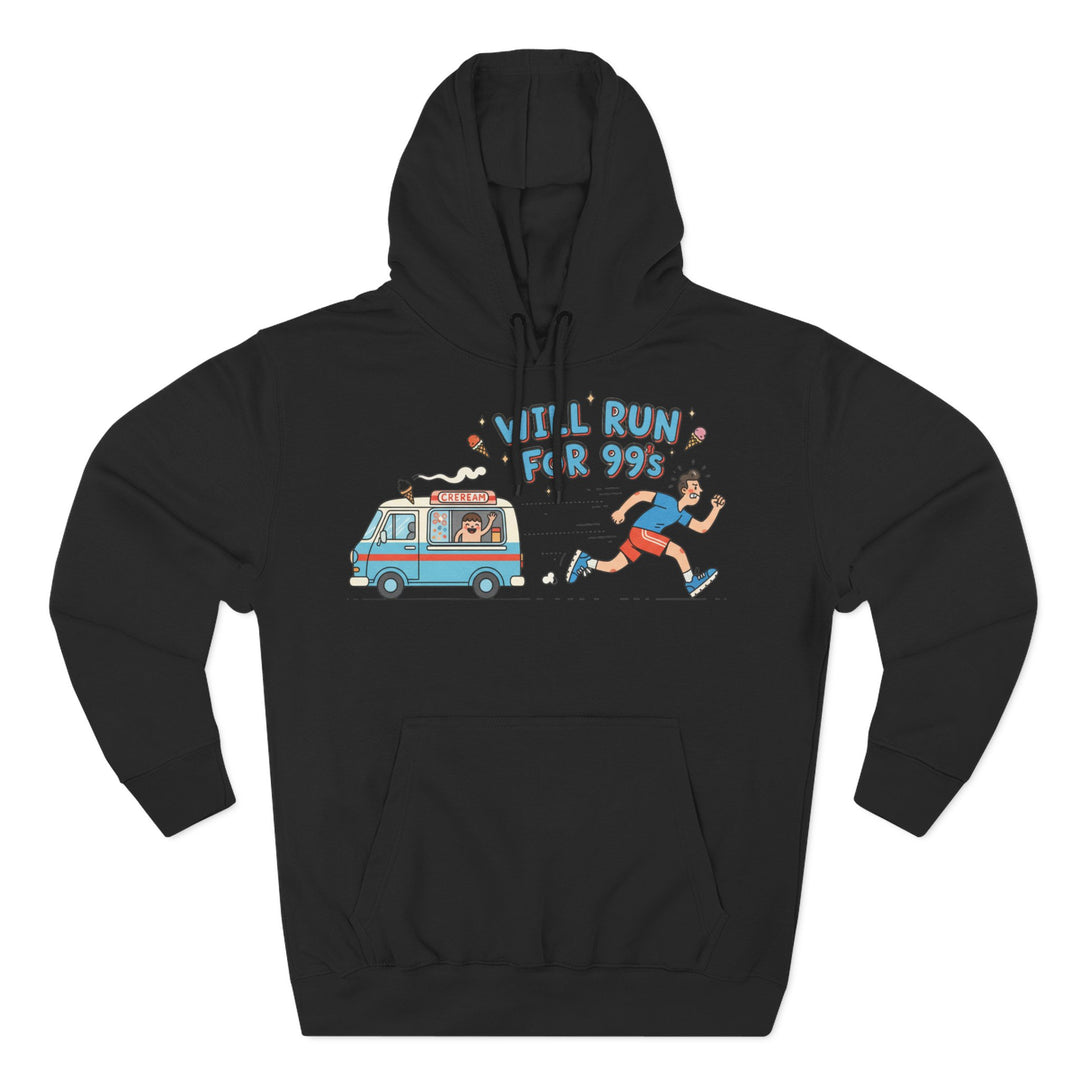 Black hoodie from S&amp;W Gallus featuring a humorous graphic of a man chasing an ice cream van.
