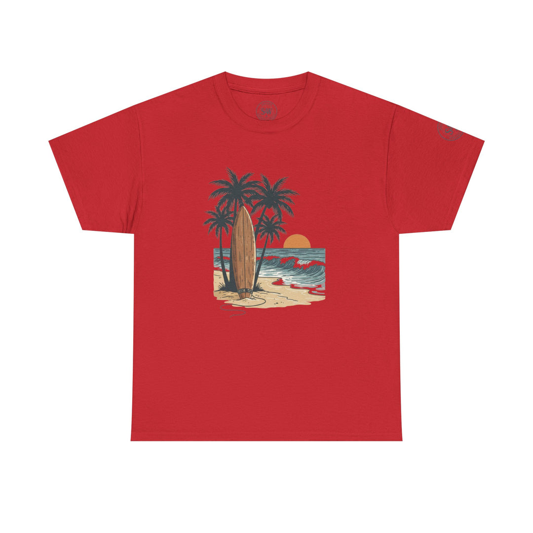 Red T-shirt by S&amp;W Gallus featuring a beach scene graphic with palm trees and a surfboard.