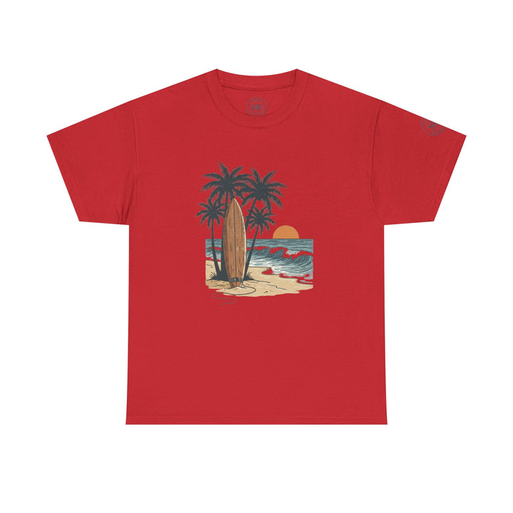 Red T-shirt by S&amp;W Gallus featuring a beach scene graphic with palm trees and a surfboard.