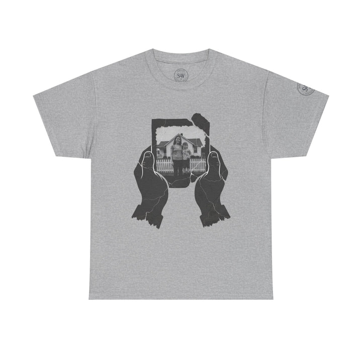Gray t-shirt by S&amp;W Gallus with a graphic of hands holding a tattered photograph.