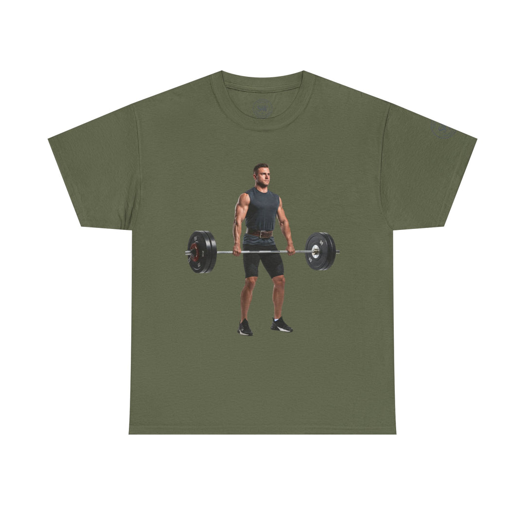 Olive green t-shirt by S&amp;W Gallus featuring a weightlifter graphic on the front.