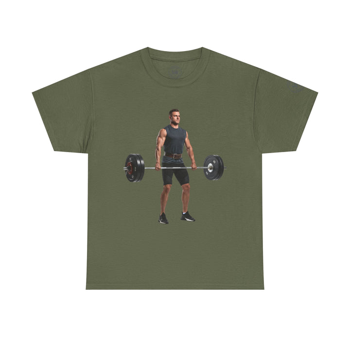 Olive green t-shirt by S&amp;W Gallus featuring a weightlifter graphic on the front.