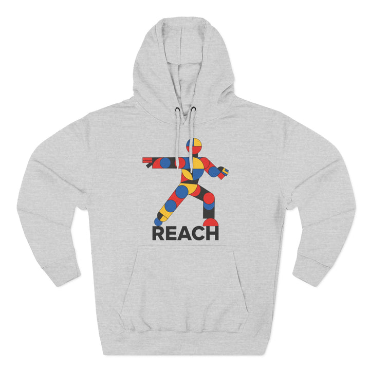 Gray flexible hoodie by S&amp;W Gallus with a colorful abstract figure and the word "REACH" below.