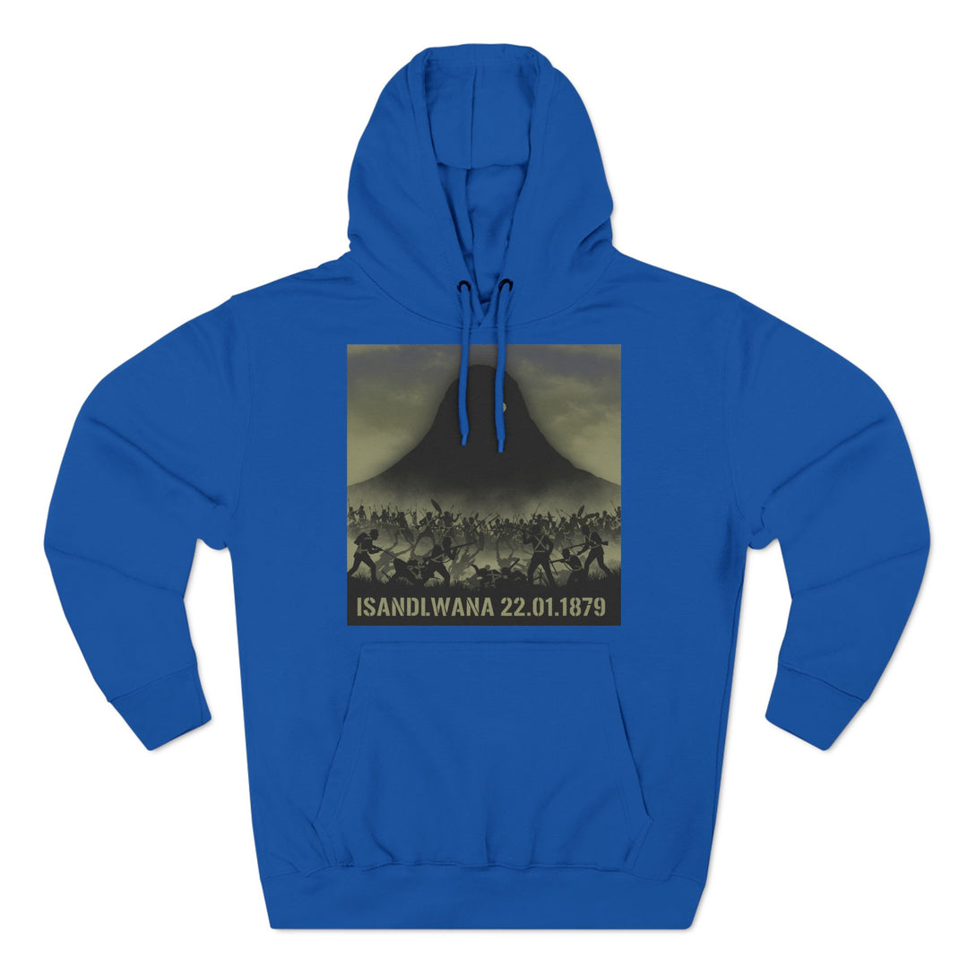 Royal blue hoodie by S&amp;W Gallus featuring a graphic print of the Battle of Isandlwana.