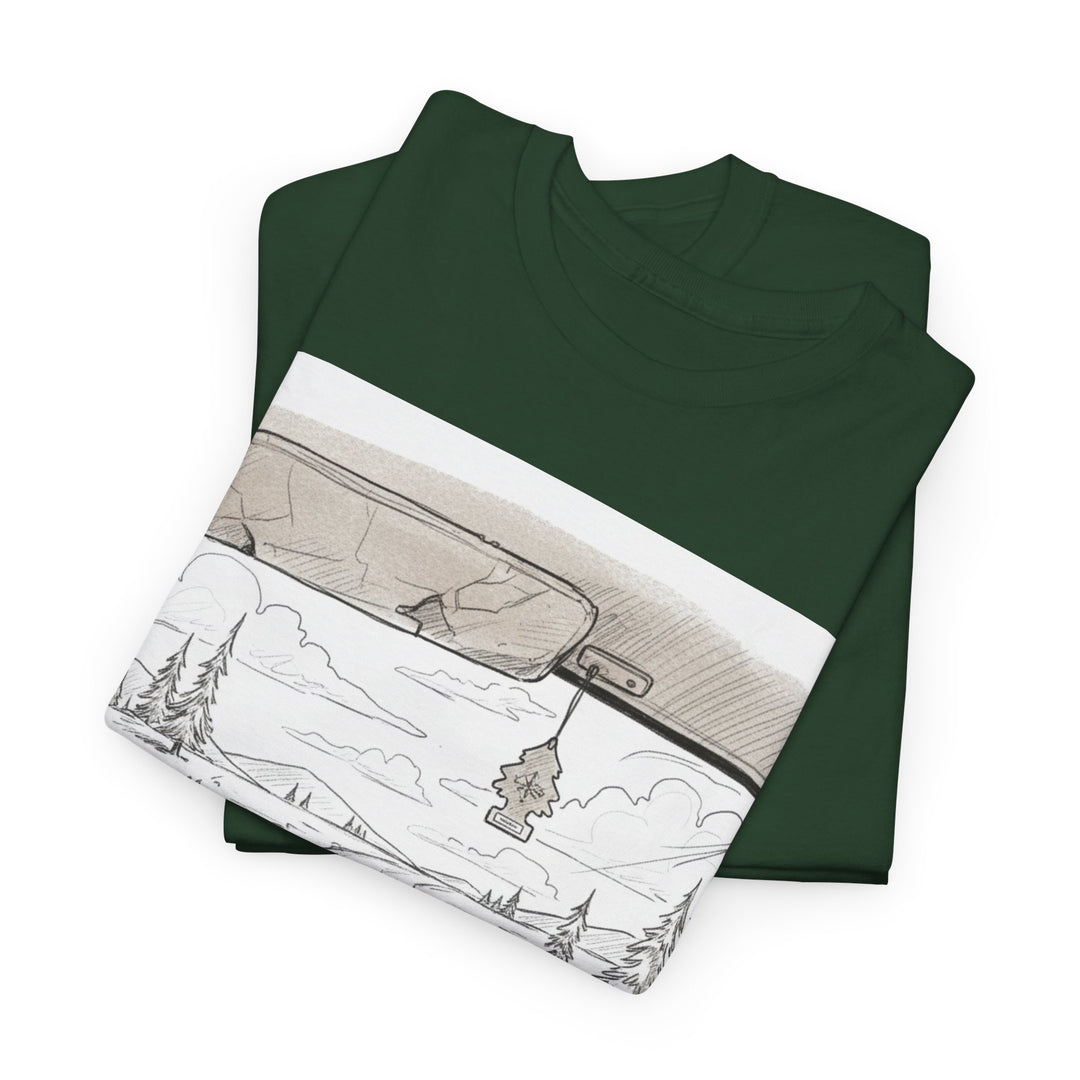 Scenic Drive Van Illustration Tee – soft cotton with a detailed van and landscape design. Perfect for road trips, outdoor adventures, and casual wear.
