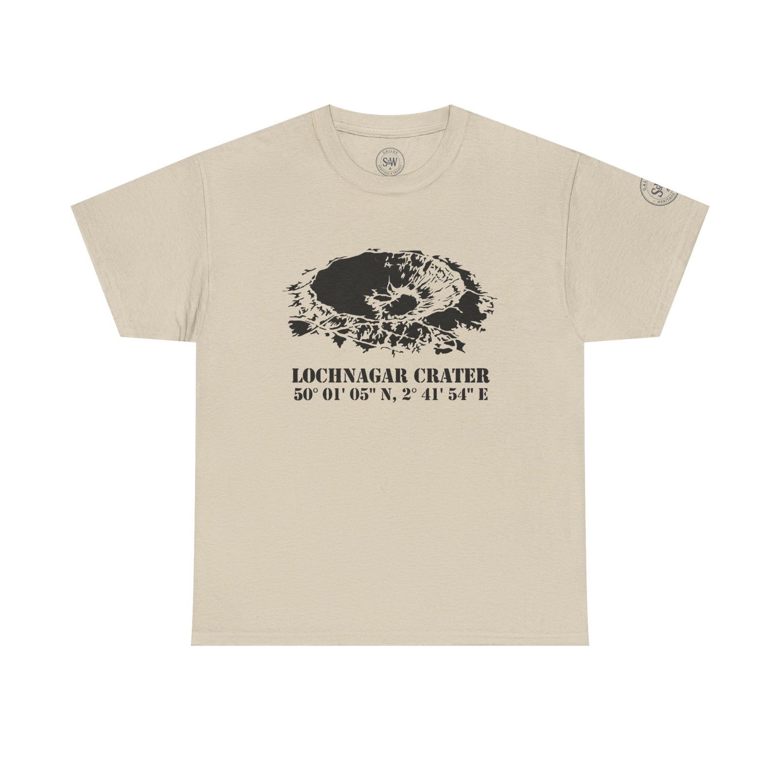 Beige WW1 Lochnagar Crater T-shirt by S&W Gallus featuring a black crater graphic and coordinates, front view.