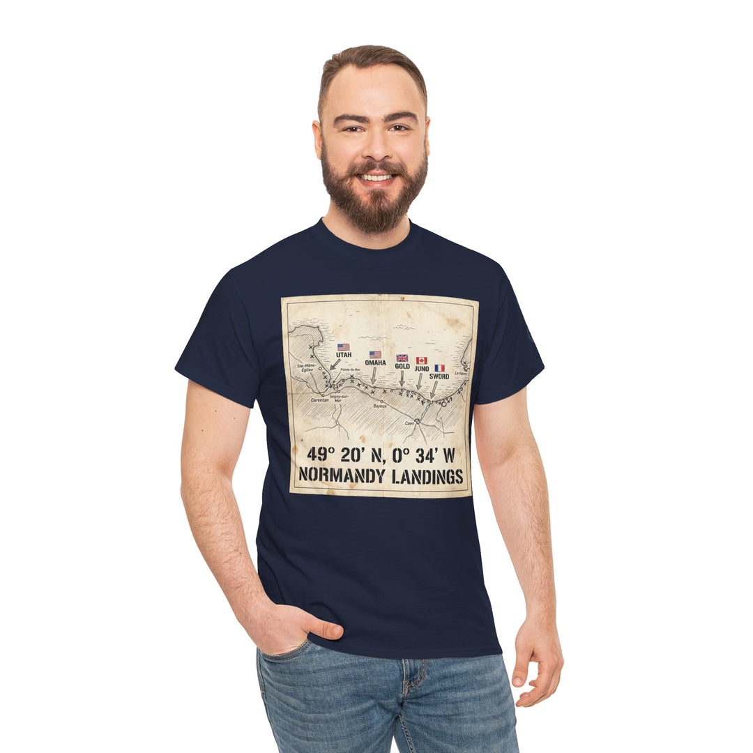 Navy T-shirt with Normandy landings map by Veteran owned, worn with blue jeans and styled with a bearded man smiling.
