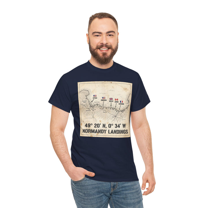 Navy T-shirt with Normandy landings map by Veteran owned, worn with blue jeans and styled with a bearded man smiling.