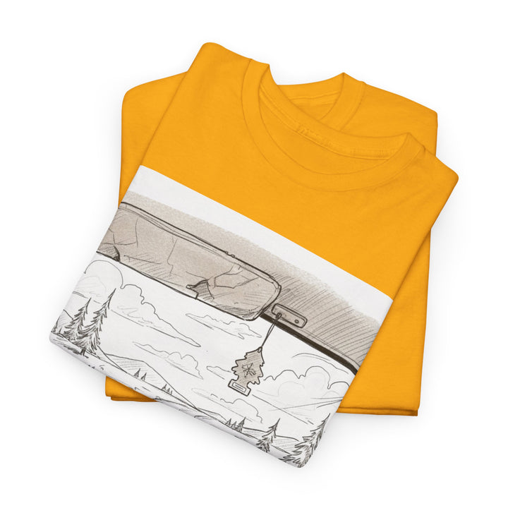 Scenic Drive Van Illustration Tee – soft cotton with a detailed van and landscape design. Perfect for road trips, outdoor adventures, and casual wear.