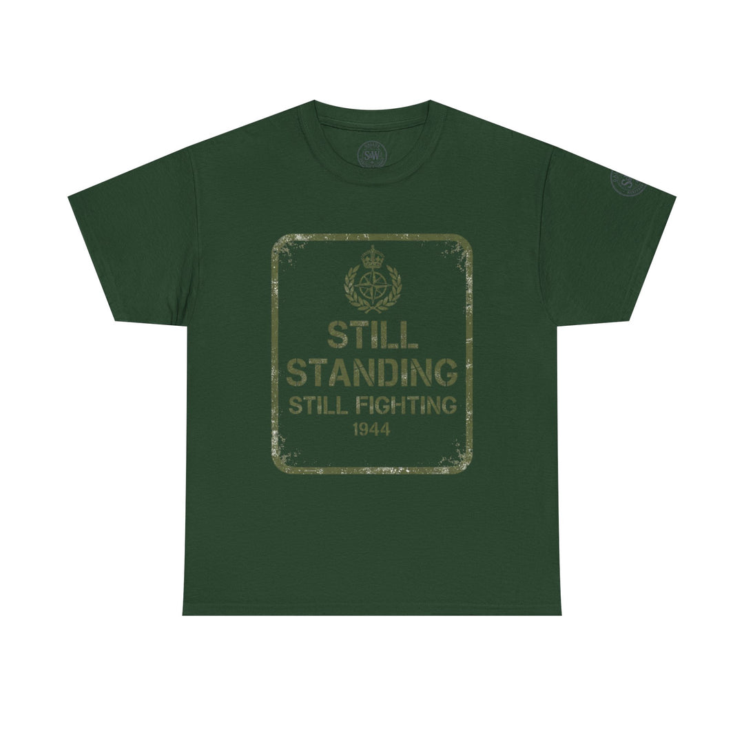 Dark green t-shirt by S&amp;W Gallus featuring a vintage-style graphic print on the chest with distressed texture.