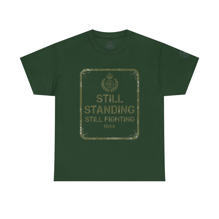 Dark green t-shirt by S&amp;W Gallus featuring a vintage-style graphic print on the chest with distressed texture.
