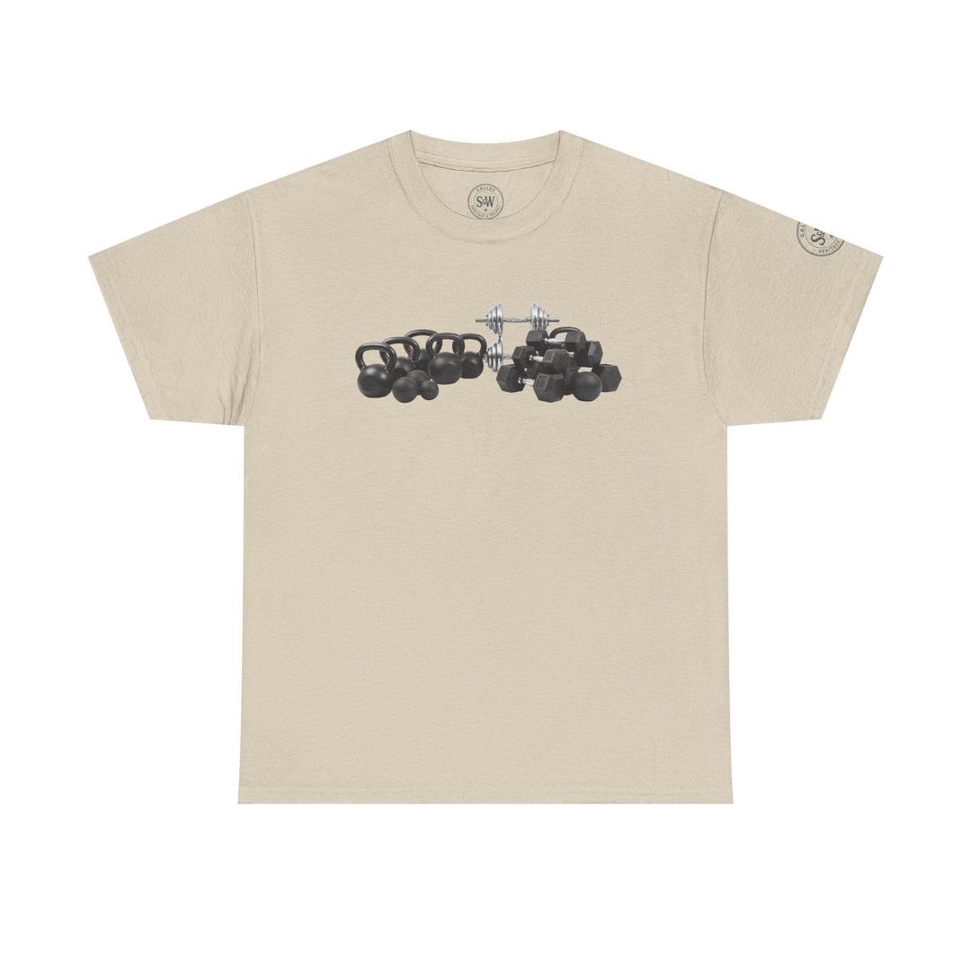 Beige t-shirt by S&amp;W Gallus featuring a weightlifting graphic on the front.
