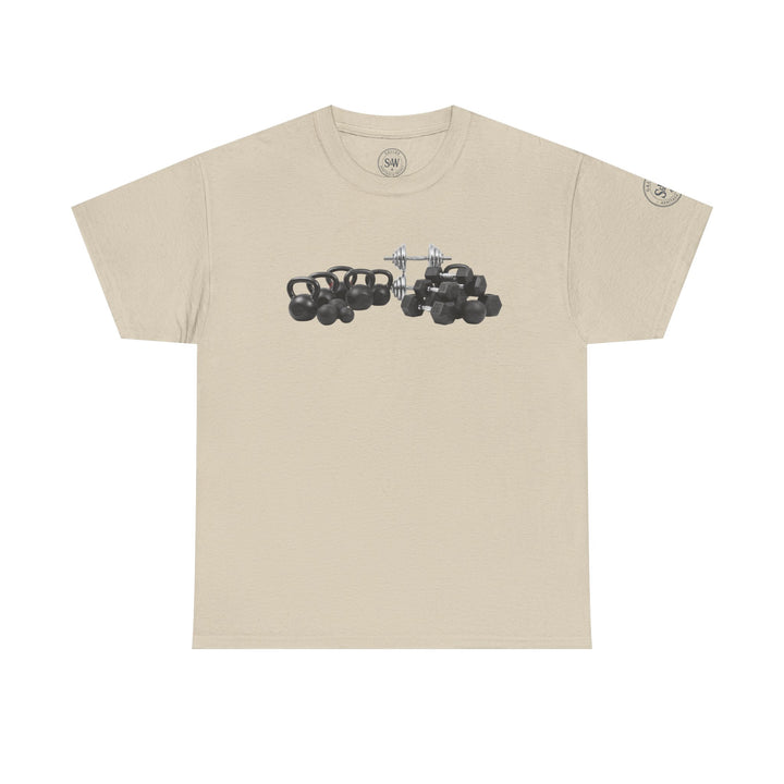Beige t-shirt by S&amp;W Gallus featuring a weightlifting graphic on the front.