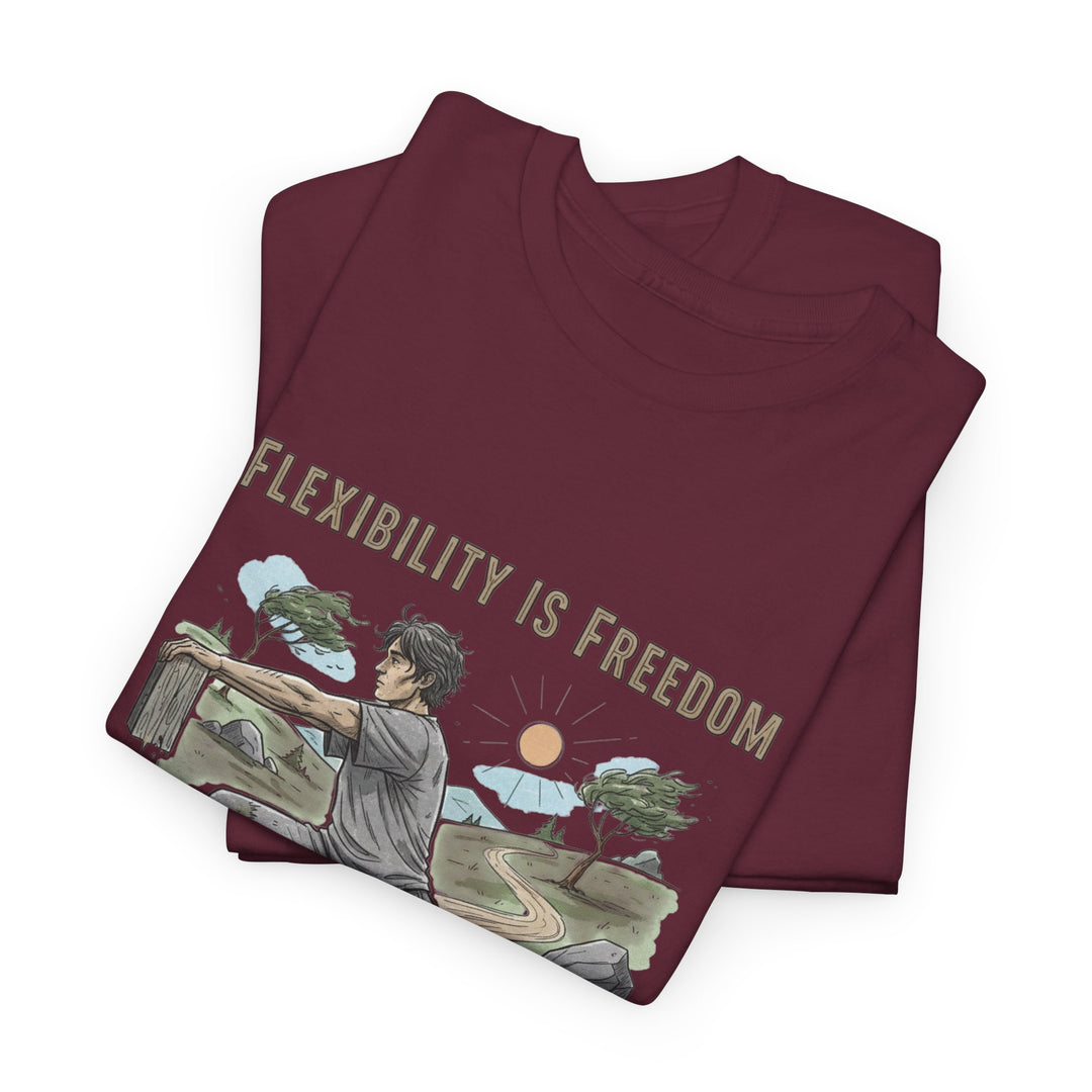 Flexibility Is Freedom Tee – soft, breathable cotton featuring a motivational design. Perfect for yoga, Pilates, stretching, or casual active lifestyle wear.