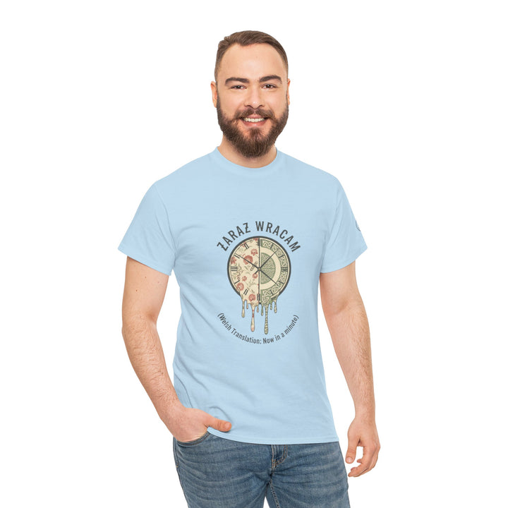 Light blue graphic tee by S&amp;W Gallus featuring a melting clock and pizza graphic, paired with jeans.