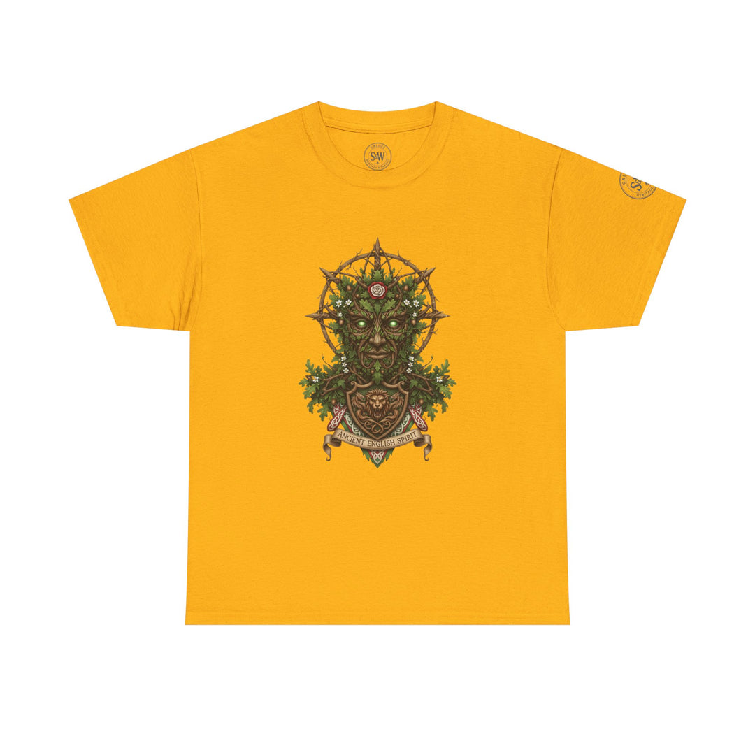 Yellow t-shirt by S&amp;W Gallus with a centered graphic print of an ancient English spirit design.