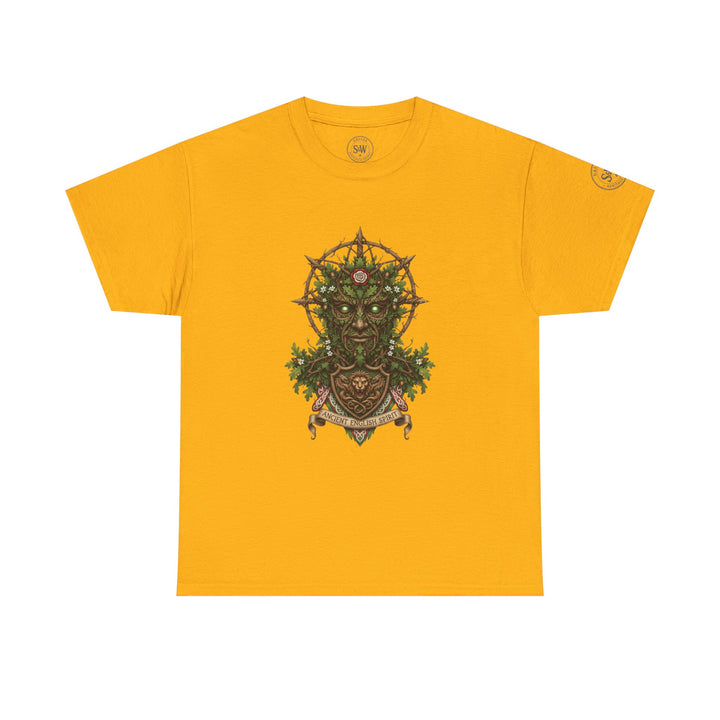 Yellow t-shirt by S&amp;W Gallus with a centered graphic print of an ancient English spirit design.