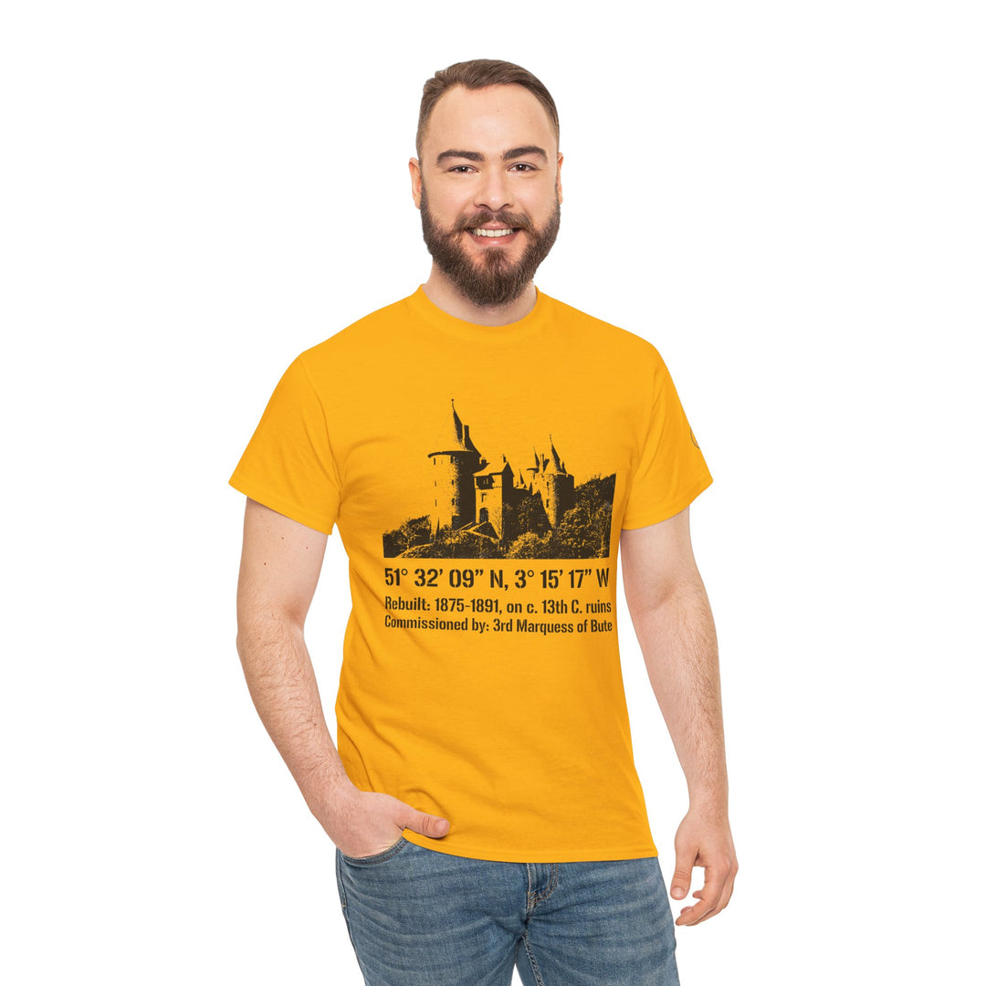 Yellow t-shirt by S&amp;W Gallus, featuring a castle illustration and coordinates graphic, worn with blue jeans.
