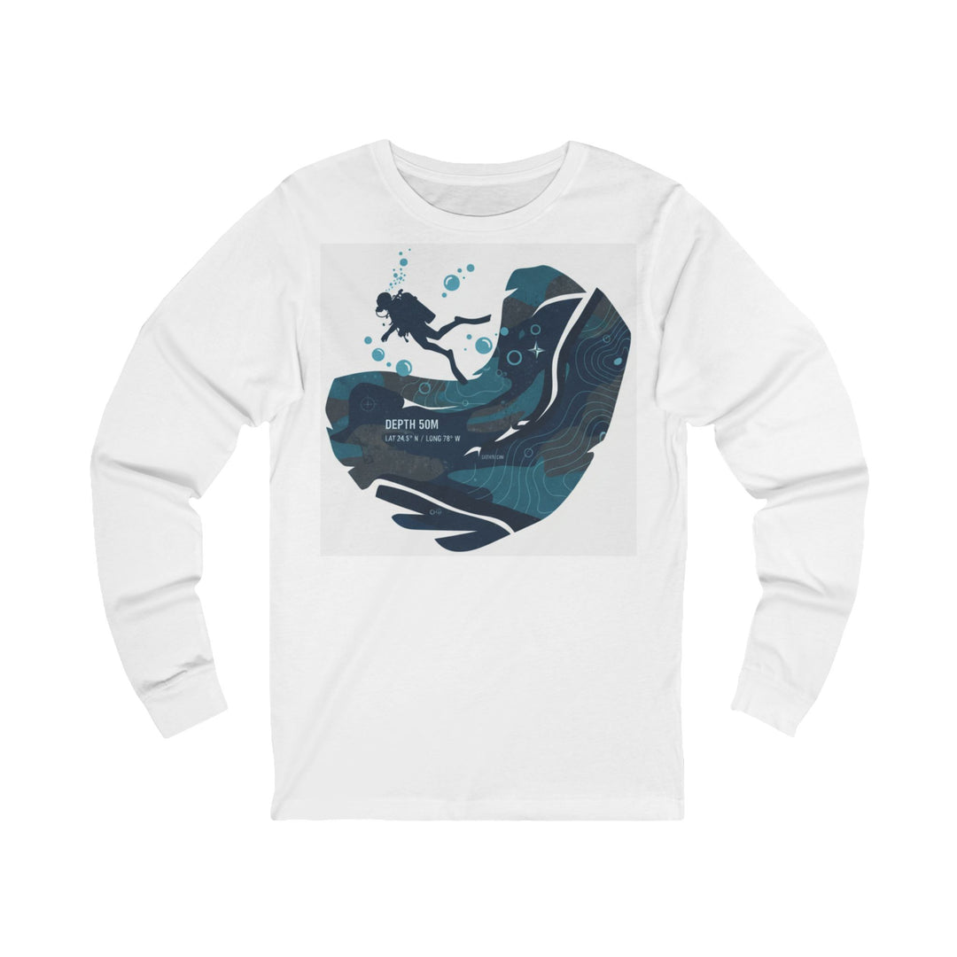 White long-sleeve tee by S&amp;W Gallus with a deep sea diver graphic and ocean coordinates.