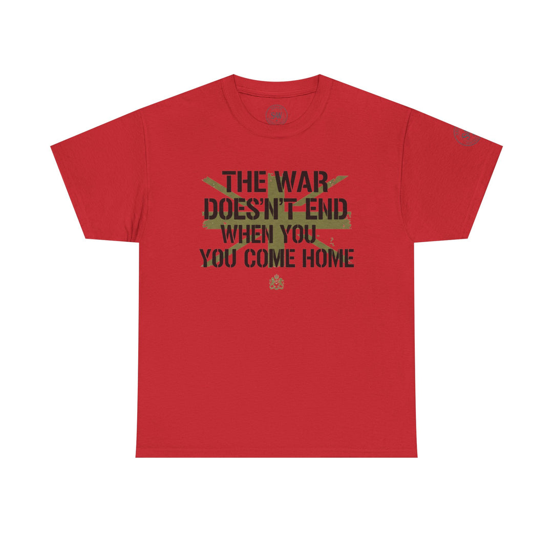 Red t-shirt by S&amp;W Gallus with a military-inspired graphic text design and a small emblem at the bottom.