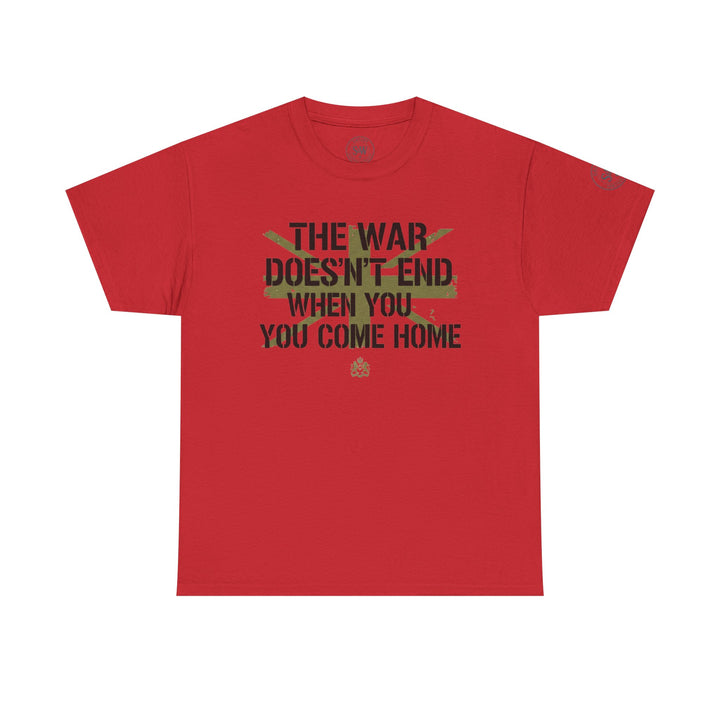 Red t-shirt by S&amp;W Gallus with a military-inspired graphic text design and a small emblem at the bottom.
