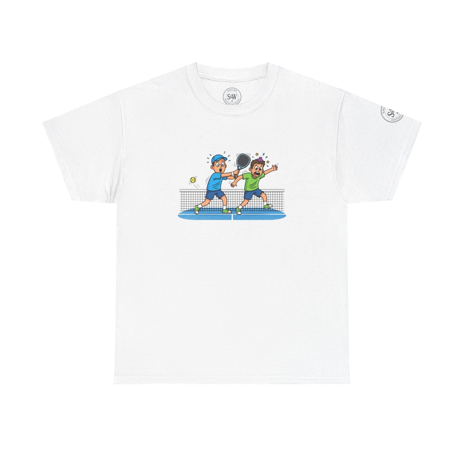 White graphic tee by S&W Gallus with cartoon pickleball players design and small shoulder logo.