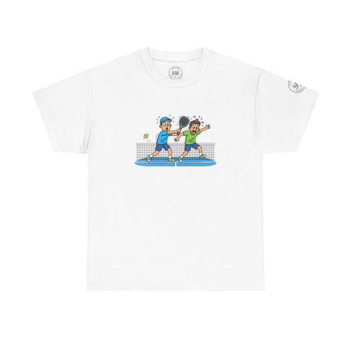 White graphic tee by S&amp;W Gallus with cartoon pickleball players design and small shoulder logo.
