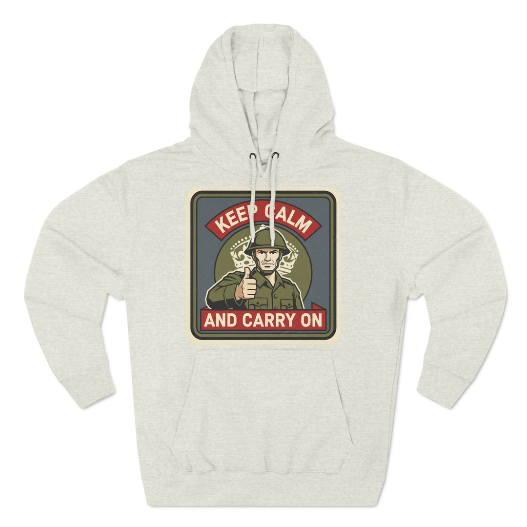 Heather grey hoodie by S&amp;W Gallus featuring a "Keep Calm and Carry On" graphic with a soldier giving a thumbs up.