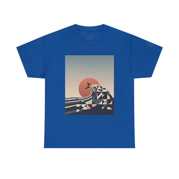 Royal blue t-shirt by S&amp;W Gallus featuring graphic of a surfer riding a wave under a setting sun.