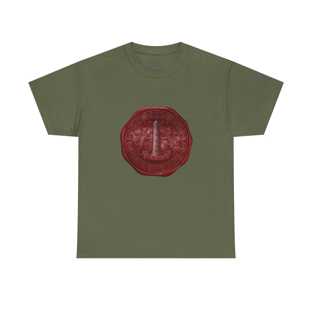 Olive green t-shirt by S&amp;W Gallus featuring a vintage wax seal graphic on the front.
