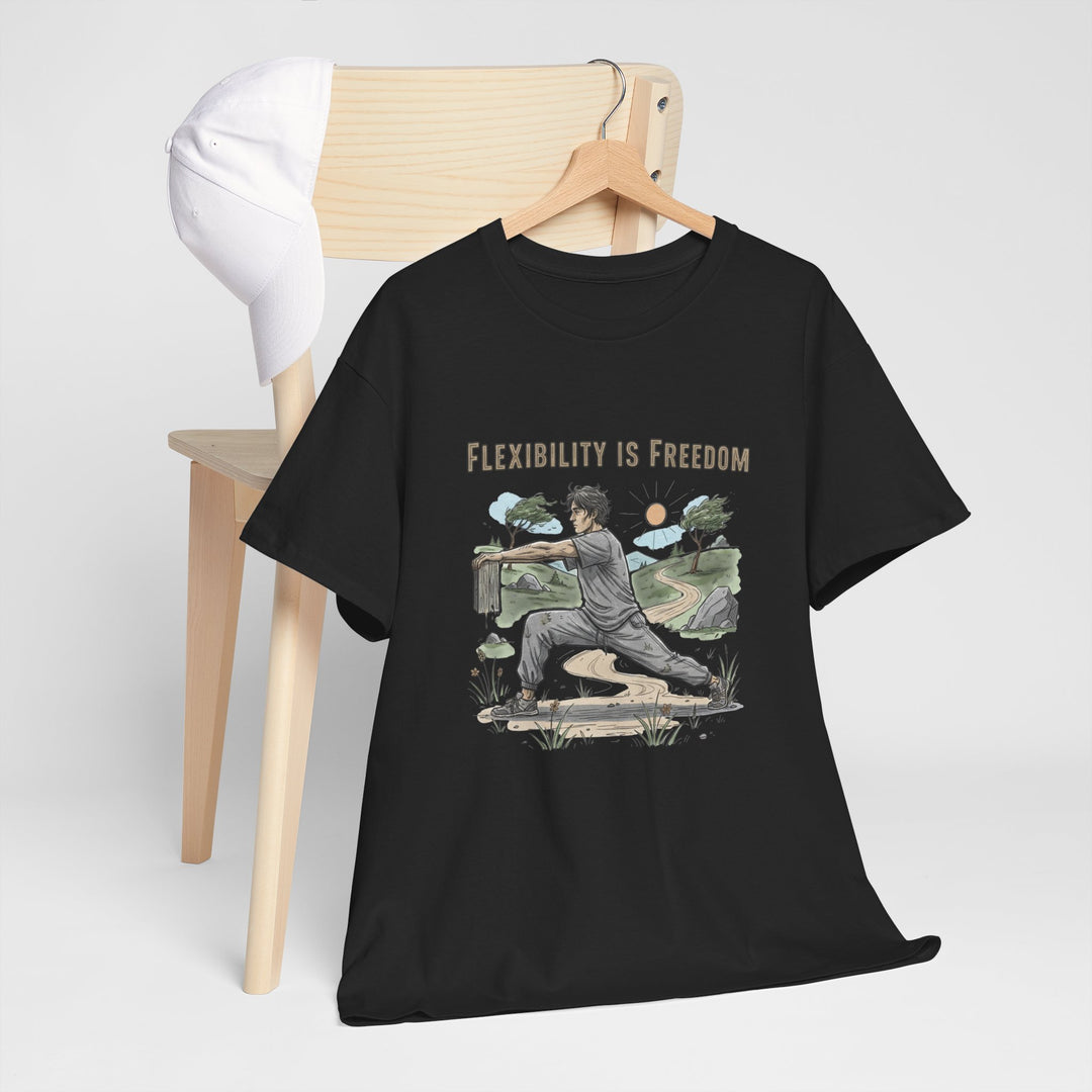 Flexibility Is Freedom Tee – soft, breathable cotton featuring a motivational design. Perfect for yoga, Pilates, stretching, or casual active lifestyle wear.