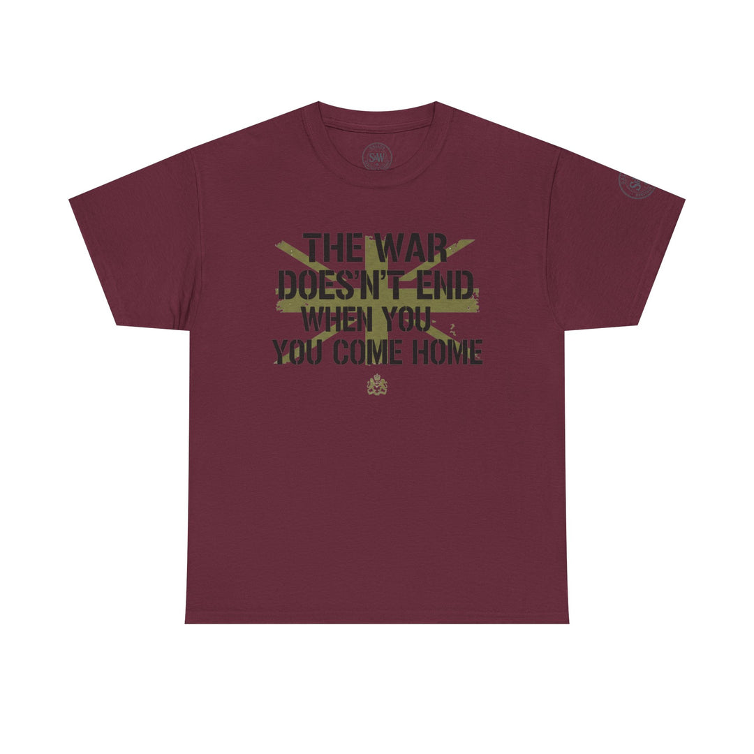 Maroon t-shirt by S&amp;W Gallus with a printed graphic featuring military stencil font and emblem.