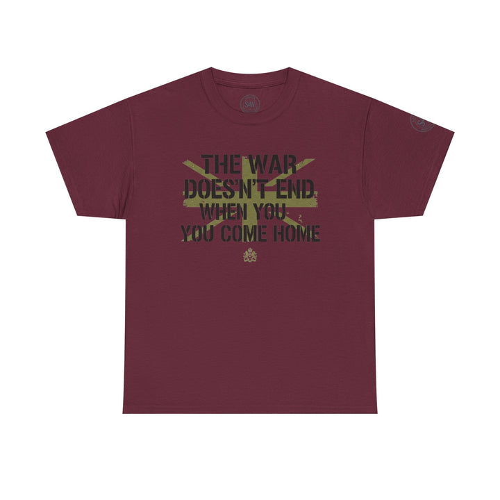 Maroon t-shirt by S&amp;W Gallus with a printed graphic featuring military stencil font and emblem.